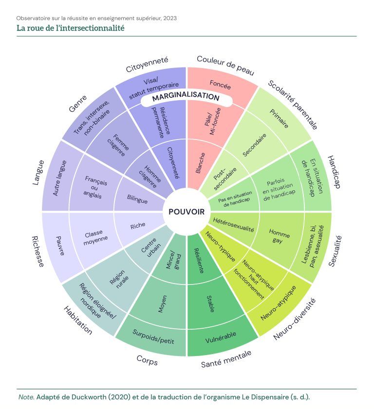 La roue de l'intersectionnalité.

Elle se compose de 12 tranches (Citoyenneté, Couleur de peau, Scolarité parentale, Handicap, Sexualité, Neuro-diversité, Santé mentale, Corps, Habitation, Richesse, Langue, Genre) et de trois cercles concentriques.

Plus on se rapproche du centre, plus on se rapproche du Pouvoir. Plus on s'en éloigne, plus on est à la marge. La situation la plus privilégiée étant (dans l'ordre des tranches précédemment cité) : citoyenneté, blanche, post-secondaire, pas de handicap, hétérosexuel, neuro-typique, résiliente, mince/grand, centre urbain, riche, bilingue, homme cisgenre ; et la plus marginalisée (toujours dans le même ordre) : visa/statut temporaire, foncée, primaire, en situation de handicap, lesbienne/bi/pan/asexualité, neuto-atypique, vulnérable, surpoids/petit, région éloignée/nordique, pauvre, autre langue, trans/intersexe/non-binaire.

Cette roue est adaptée des travaux de Duckworth (2020), traduits par l'organisme Le Dispensaire.
