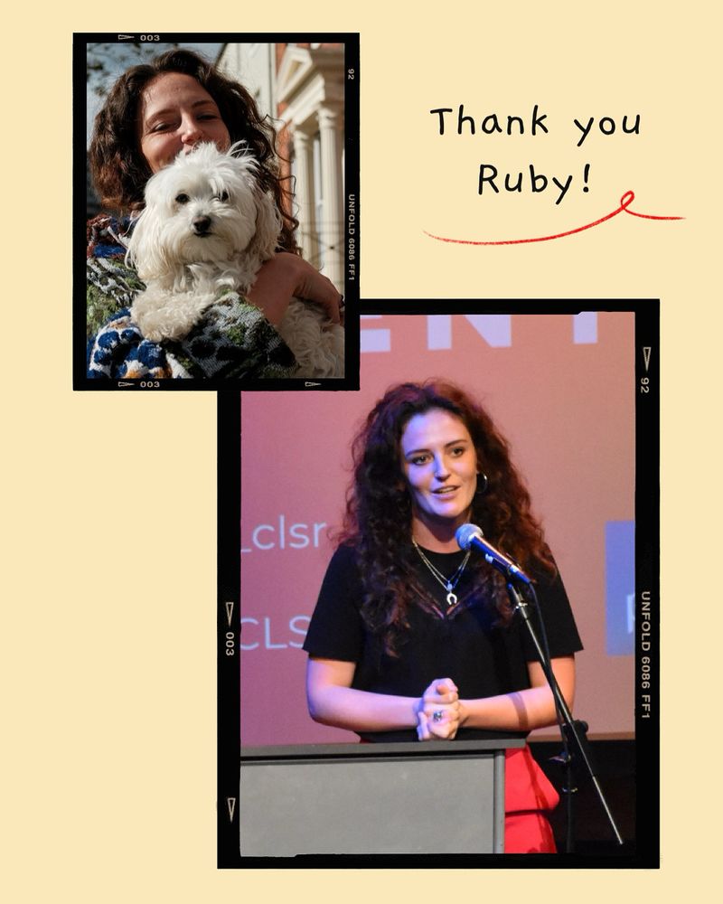 Two photographs of Ruby, one of her introducing out Philosophy Valentines event, the other of her holding Sappho, the cutest dog anyone has ever seen. 