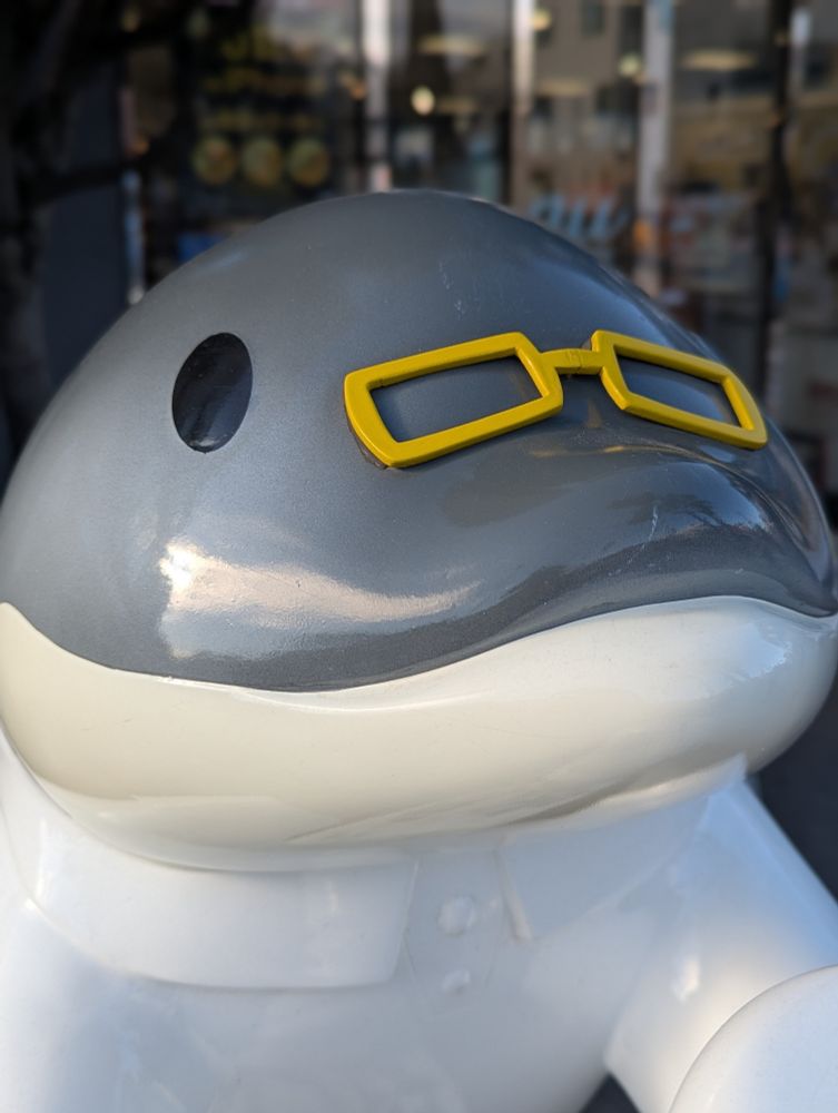 A statue of Doctor Dolphin, who is a dolphin wearing glasses that sit across the bridge of his nose but do not reach his eyes. He is the mascot of what I think is a chiropractor's office.