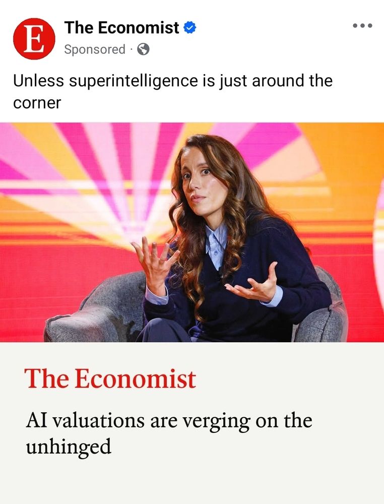 The Economist: AI valuations are verging on the unhinged. Lady in blue blowser and shirt gesticulates towards camera.