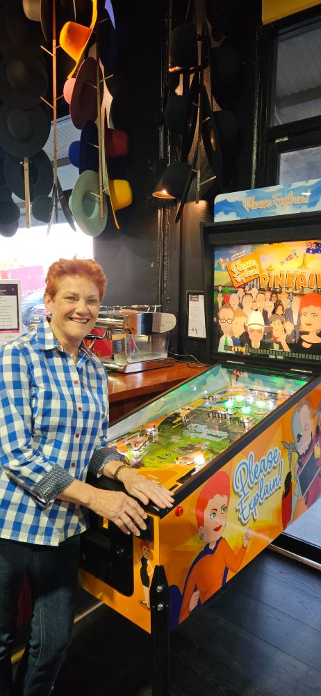 Pauline Hanson playing Please Explain! Pinball