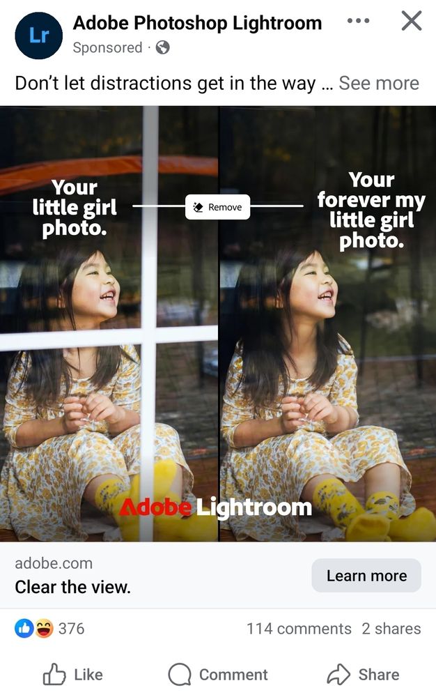 Adobe Lightroom stalker Ad "Your forever my little girl photo" with child warped by AI