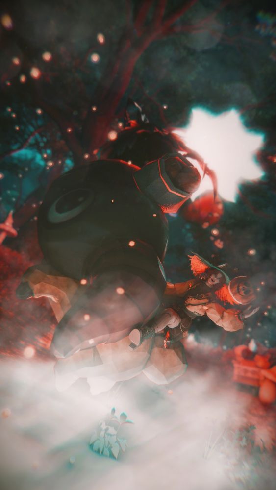 A red-haired Miqo'te of the moon riding on Yan that has sack of pumpkins on head, in the foggy forest. The catboy is dressed as a witch/holding a floating pumpkin in one of the hands.
In the back, there is a cartoon version of moon/star, a flying reaper avatar and some sparkles.
A Halloween picture, thematically - a very mild reference to headless horse rider. Very mild.