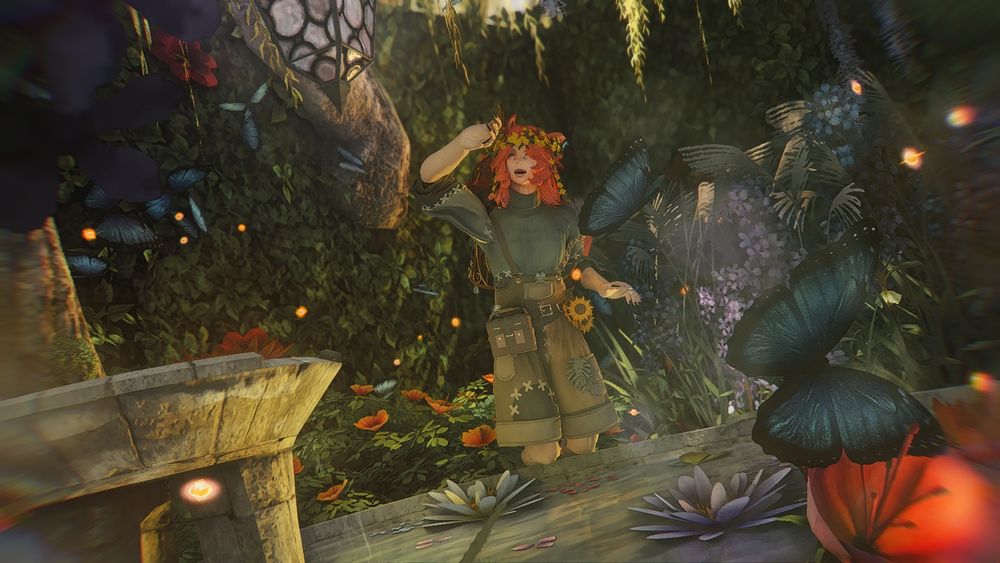 A red-haired miqo'te man standing in the hidden Garden nook with a fountain, leaning forward against it. He seems to be amazed by all the plants and flowers, just as well as butterflies flying around him. Butterflies are of darker blue colours. There are little atmospheric lights in orange floating in the scenery.