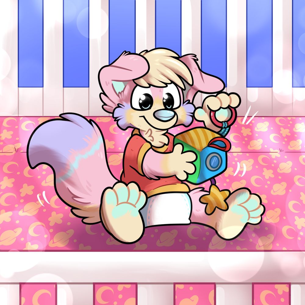 Artwork of a pastel-coloured canine sat in a white crib with a blue background and a pink space-pattern mat. They are wearing a red shirt with a golden trim, and a cube with various attachments, such as a yellow star, a hoop, and a chew-ring.