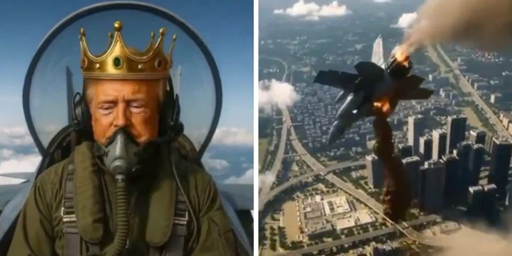 king Trump flying a fighter jet, dropping poop on No Kings protesters 