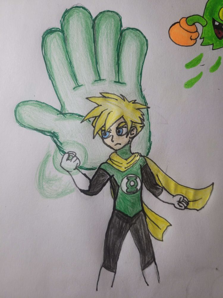 Isaac from Golden Sun as a Green Lantern, rocking the classic superhero outfit and forming a giant hand out of his ring, similar to the Psynergy move in the Golden Sun games.