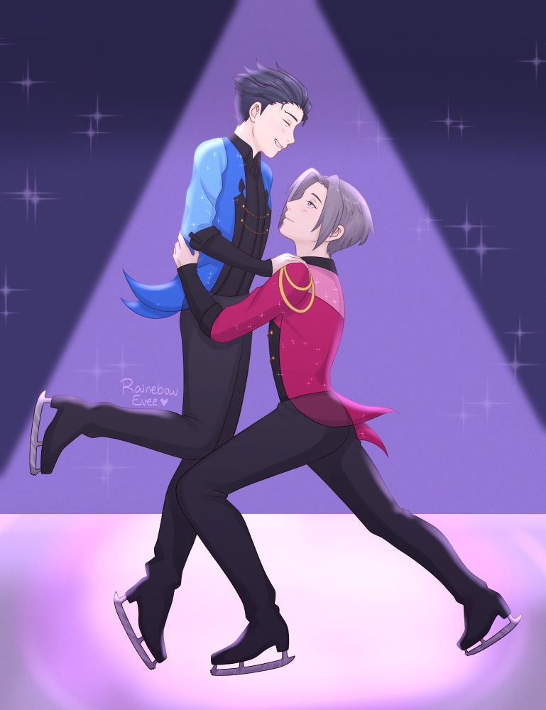 drawing of phoenix and edgeworth skating to duet: stammi vicino, non te ne andare from the yuri!!! on ice exhibition skate. edgeworth wears viktor's jacket in red and pink while phoenix wears a matching one in light and dark blue. phoenix smiles brightly with squinted eyes down as edgeworth lifts him up and gazes lovingly at him