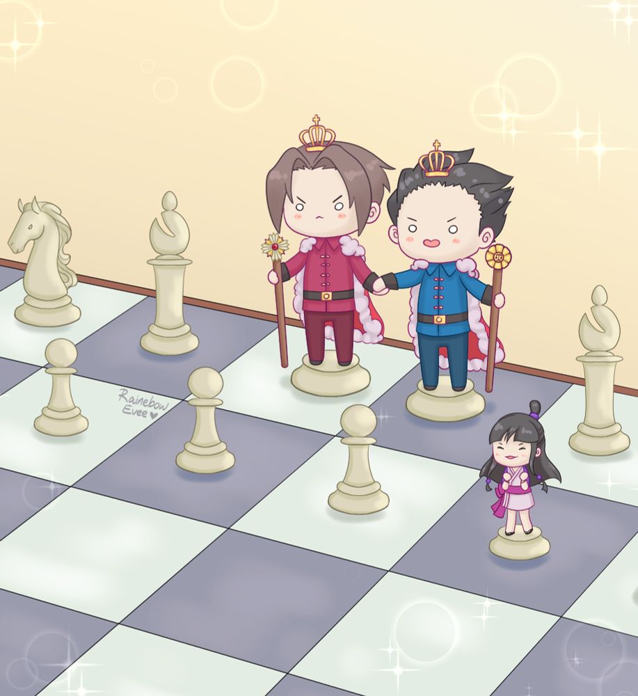 drawing of miles and phoenix as chibi chess pieces holding hands. they both wear golden crowns, suits in red and blue, and hold staffs topped with the prosecutor's badge and attorney's badge respectively. chess pieces stand around them with one pawn piece in the front as maya fey, smiling brightly and cheering for them