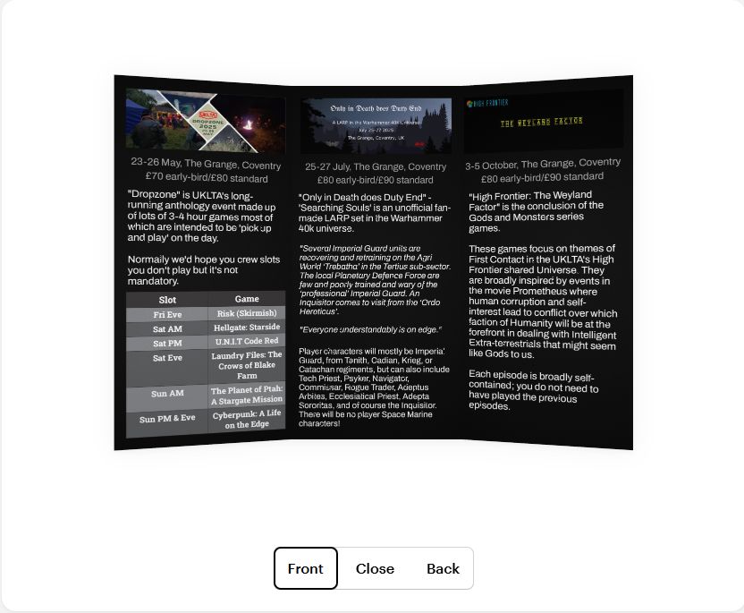 The inside of a tri-fold leaflet opened out with a brief precis for each event. There's a typo on the third page :-(