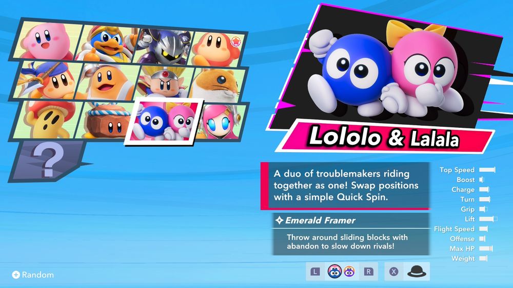 A screenshot from Kirby Air Riders, showing Lololo and Lalala holding hands 