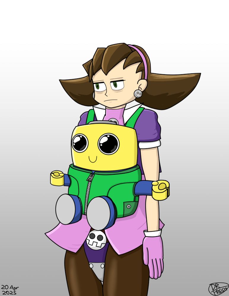 Fanart of Tron Bonne and a servbot from Mega Man Legends.

Tron is standing still, arms to the side, and a very tired look on her face.

The servbot is sitting in a green child-carrying harness around Tron's front side. It has very large, wistful eyes and is smiling. Its arms and legs are sticking straight out of the harness, as if the harness is preventing it from bending its limbs.