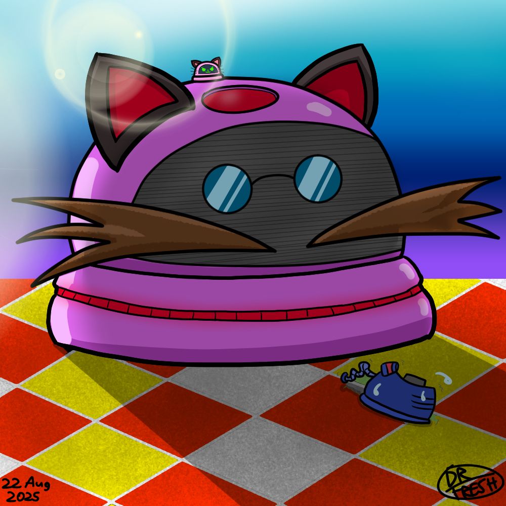 Fanart of an ACUVAC/Sonic crossover. A very large roomba-like vacuum with cat ears and Eggman's glasses/moustache is center in the image, towering over a visibly frightened, trembling, and sweating ACUVAC. On top of the Eggman vacuum is a much smaller Catvac, a roomba-like vacuum with cat ears and a digital cat face. Catvac is smiling with angry eyebrows. They are on a red, white, and yellow checkered floor. The background is a purple/blue gradient. The light coming from behind the Eggman robot blocks out the sun from ACUVAC, causing a lens flare.