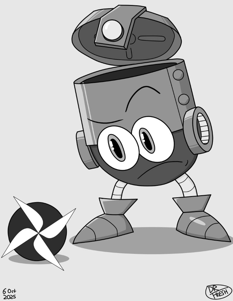 Fanart of Eddie from the Mega Man series. He is standing to the right with his flip-top head opened slightly, leaning to the left and examining a diagonal Yashichi item on the ground in front of him. Eddie has a very puzzled frown on his face, as if he doesn't know where the item could have come from.