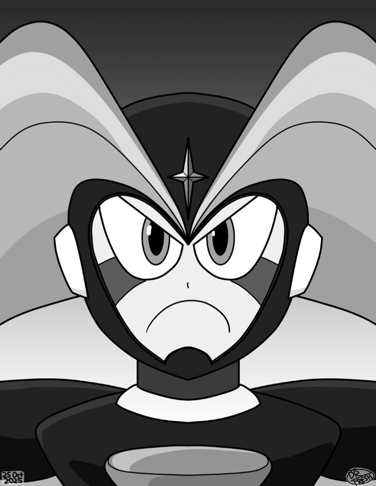 Front-facing monochrome headshot of Bass from the Mega Man series. He is angry (as always) and frowning at the camera.

He is a humanoid robot with large fin-like protrusions coming out of either side of his helmet. There is a star-like four-pointed diamond in the center of his forehead and a large gem on his chest. He has what looks like makeup coming from the bottom outside of his eyes and leading toward the side of his face, disappearing behind his helmet.