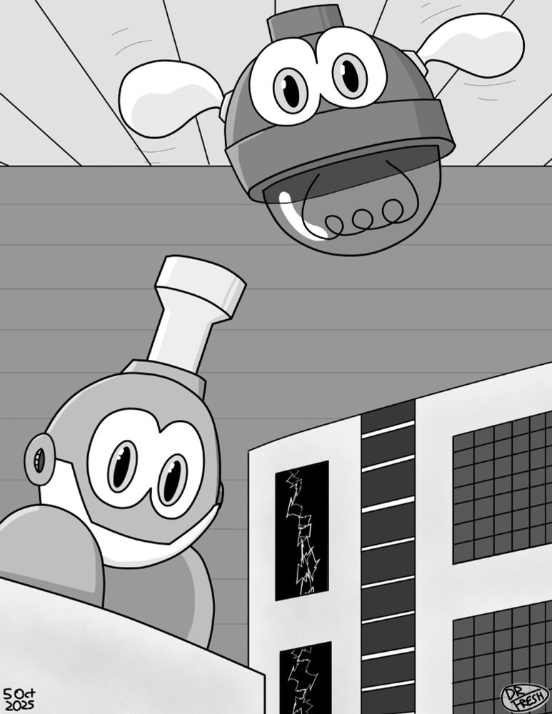 Fanart of the Mega Man series. Two little robots are peering down toward the viewer: 100 Watton (top right, flying) and Dompan (lower left, standing on a ledge). In the rear, there is a platform rising to the right with a ladder that runs between panels of electric arcs and grids, inspired by Bright Man's stage in Mega Man 4