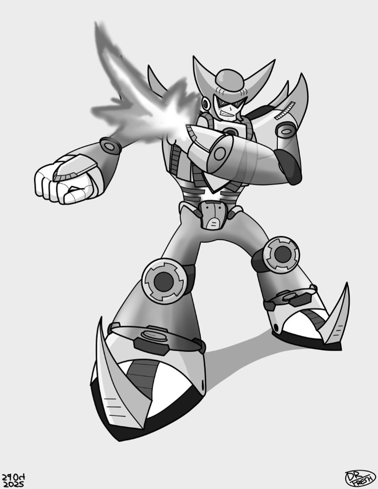 Monochrome fanart of Double from Mega Man X4 in his true form. He is a menacing humanoid robot with translucent limbs, spiky shoulders, and a hylics-looking helmet. He is brandishing an energy blade from his camera-right arm (which is crossed across his chest) and holding out his left fist to the side. He is glaring at the viewer and grinning evilly. 