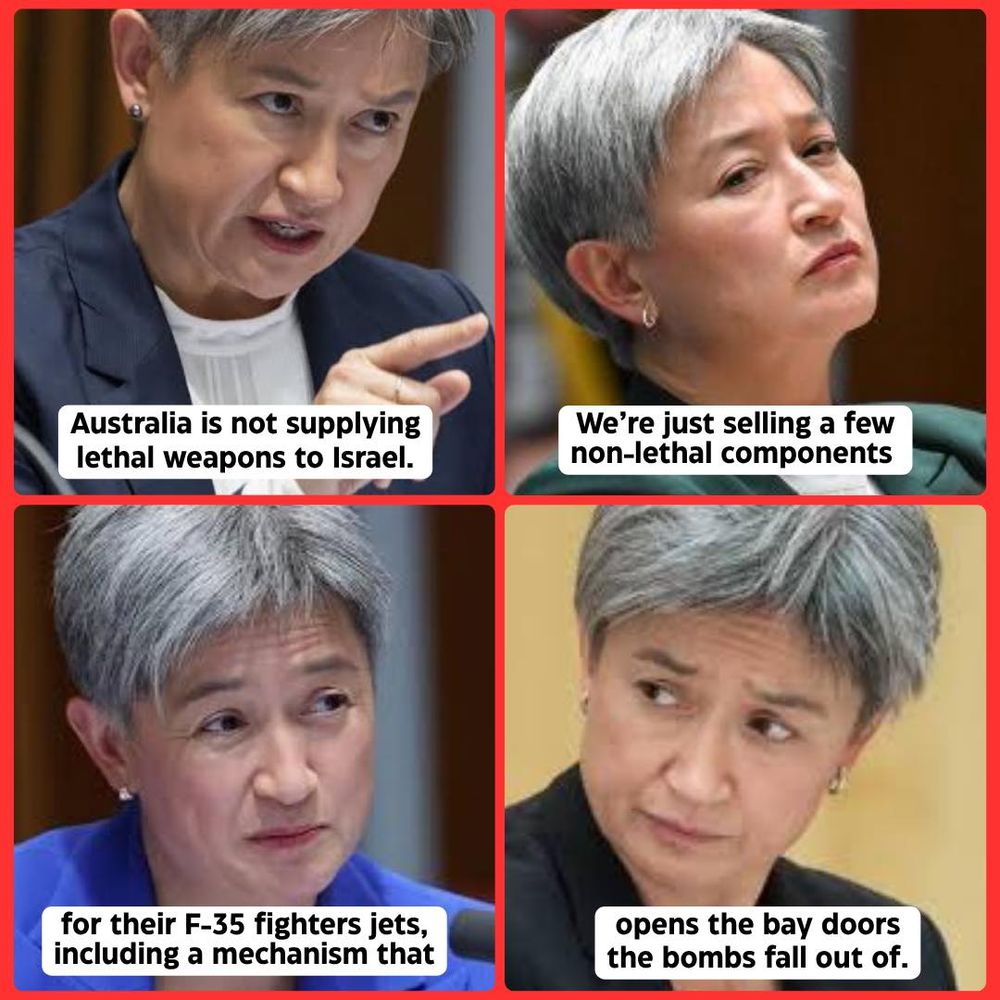 Images of Penny Wong attempting to explain supplying parts for Israel's fighter jets. 
Source: https://www.facebook.com/photo/?fbid=1321664259319243&set=a.362975878521424