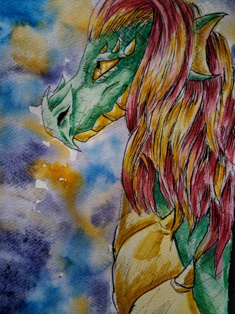Watercolor green dragon with on colorful background 