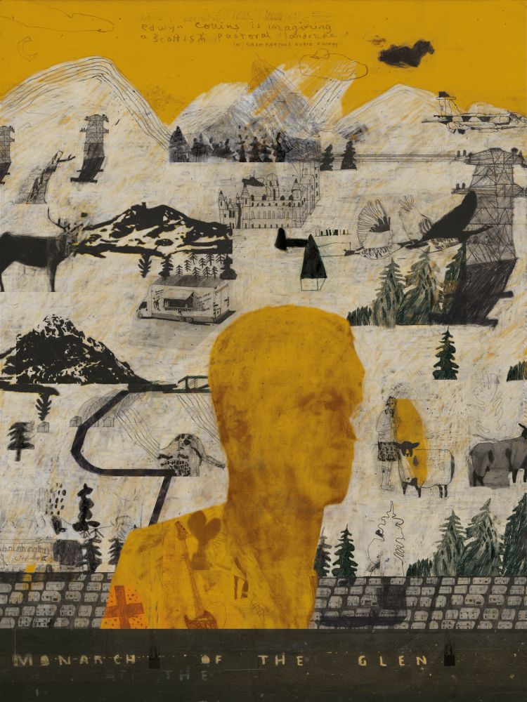 A portrait of the Scottish musician Edwyn Collins set against an imagined Scottish landscape. Above him in handwritten text are the words ‘Edwyn Collins is imagining a Scottish pastoral landscape in Gram Parsons’ Nudie jacket’ Below is the text ‘Monarch of the Glens