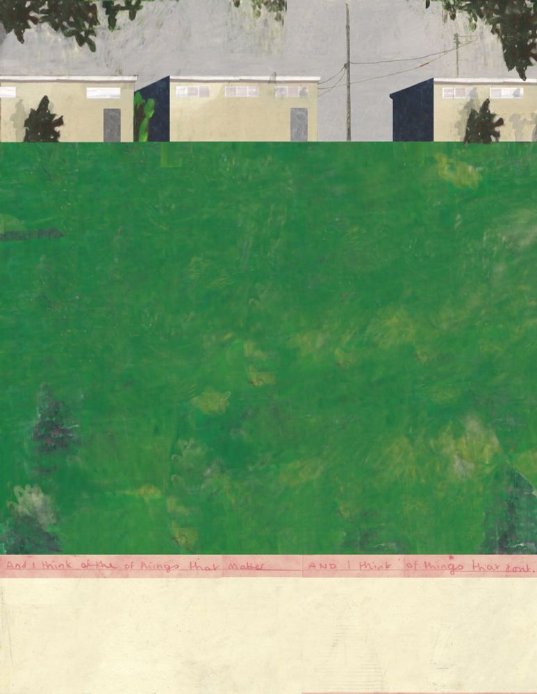A drawing of three buildings sitting above an expanse of grass. Below is some red text quoting lines from a Yo La Tengo song called ‘Drug Test’. The text reads ‘and I think of the things that matter and I think of the things that don’t’