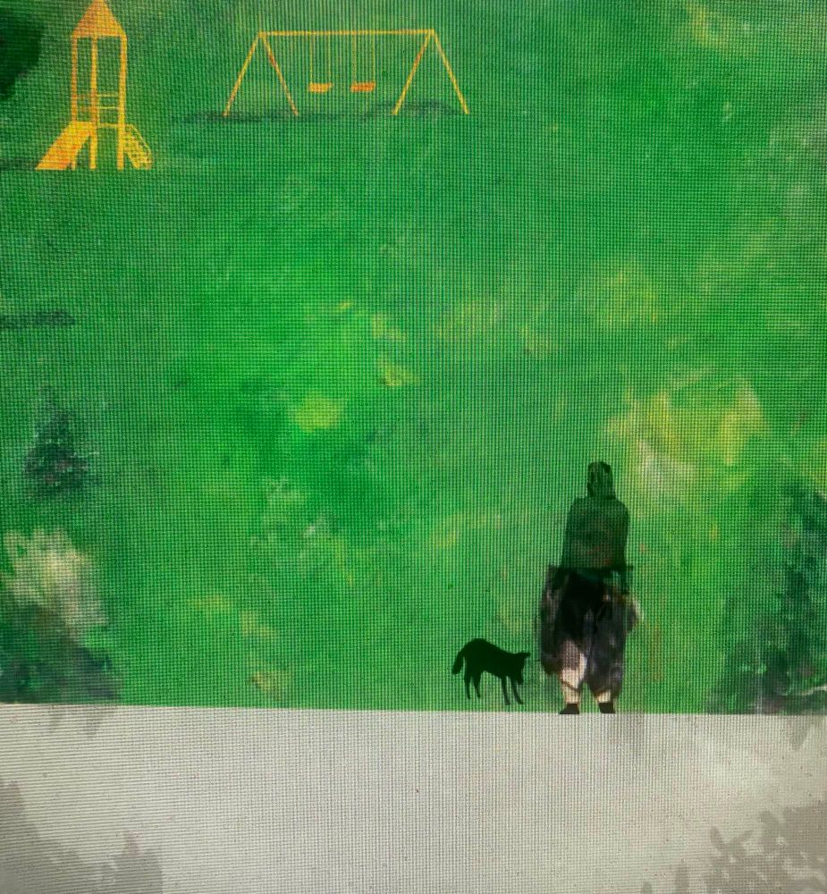 A photo taken of a computer screen showing a work in progress drawing of a person with a dog looking across an expanse of grass at a yellow children’s play park.