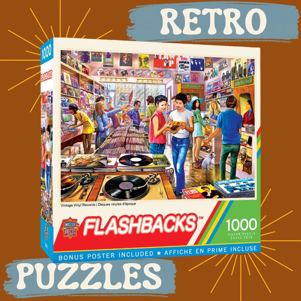 Picture of Vinyl Record Store 1000 piece puzzle with tagline "Retro Puzzles"