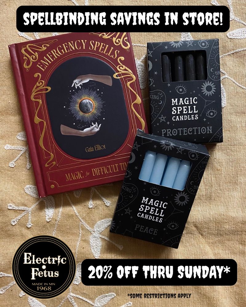 Electric Fetus Halloween sale is 20% off through Sunday, some restrictions apply. Pictured is an "Emergency Spells" book and two packages of Magic Spell candles.