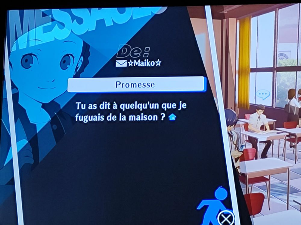 Le personnage Maiko envoie un SMS au perso principal "tu as dit à quelqu'un que je fuguais de la maison?"