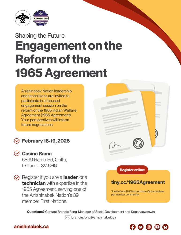 Anishinabek Nation leadership, and technicians with expertise in the 1965 Indian Welfare Agreement (1965 Agreement), are invited to participate in a focused engagement session on reform of the Agreement this February at Casino Rama.

Register online at: https://tiny.cc/1965Agreement