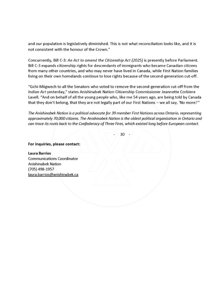 Anishinabek Nation stands with the Senate Committee vote to implement the One-Parent Rule

To read the full statement via Anishinabek News: https://anishinabeknews.ca/2025/11/anishinabek-nation-stands-with-the-senate-committee-vote-to-implement-the-one-parent-rule/