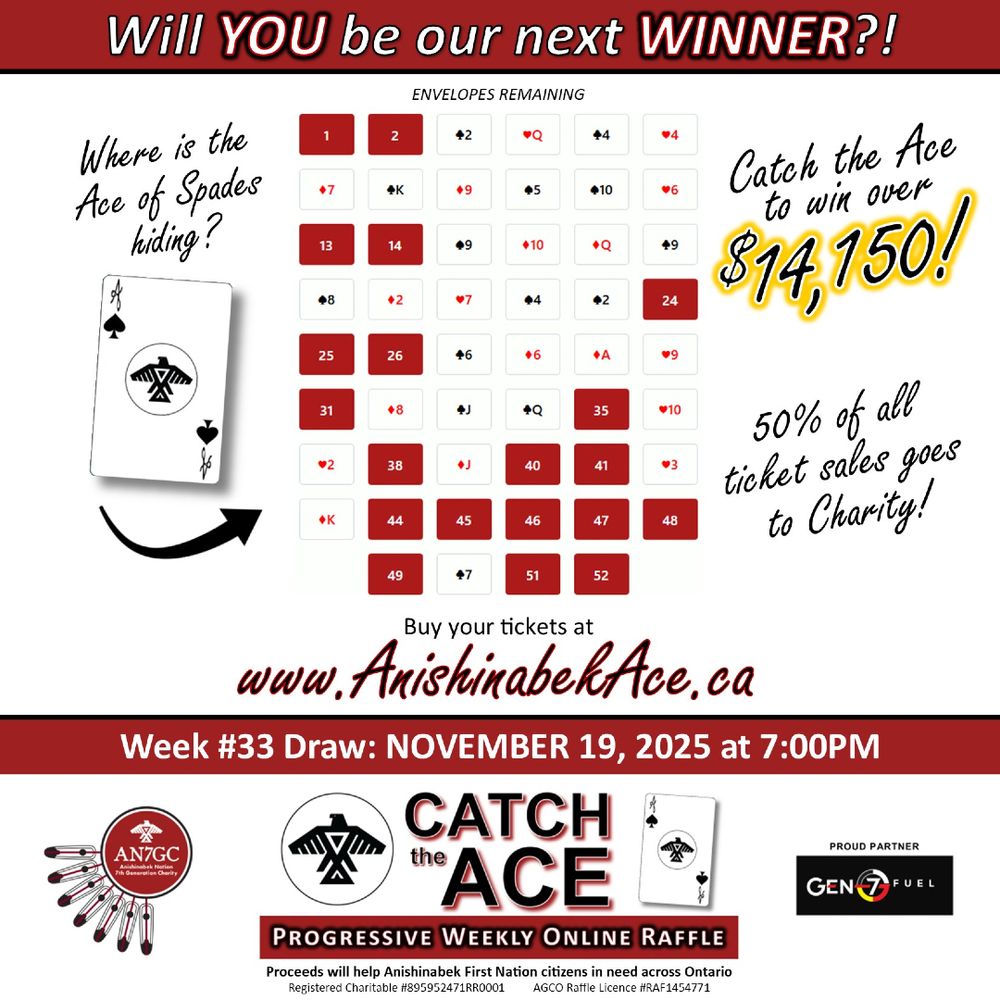Support the Anishinabek Nation 7th Generation Charity by purchasing Catch the Ace tickets for your chance to win!

Purchase tickets now at www.anishinabekace.ca for the upcoming draw on Wednesday evening at 7pm.
