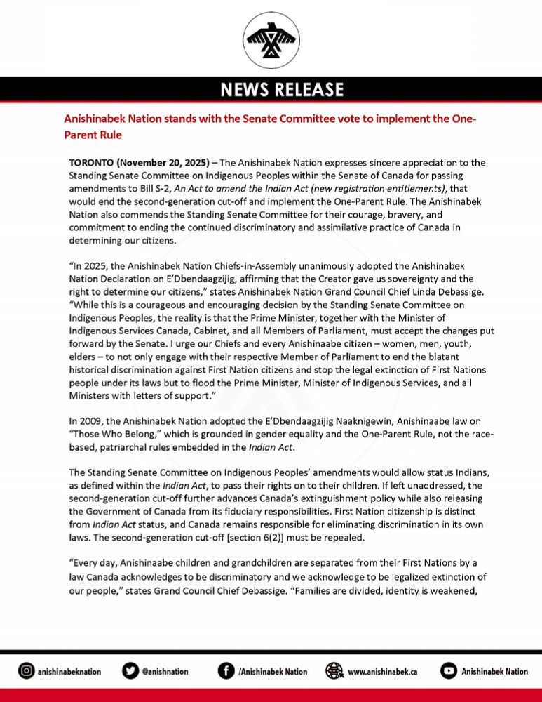 Anishinabek Nation stands with the Senate Committee vote to implement the One-Parent Rule

To read the full statement via Anishinabek News: https://anishinabeknews.ca/2025/11/anishinabek-nation-stands-with-the-senate-committee-vote-to-implement-the-one-parent-rule/