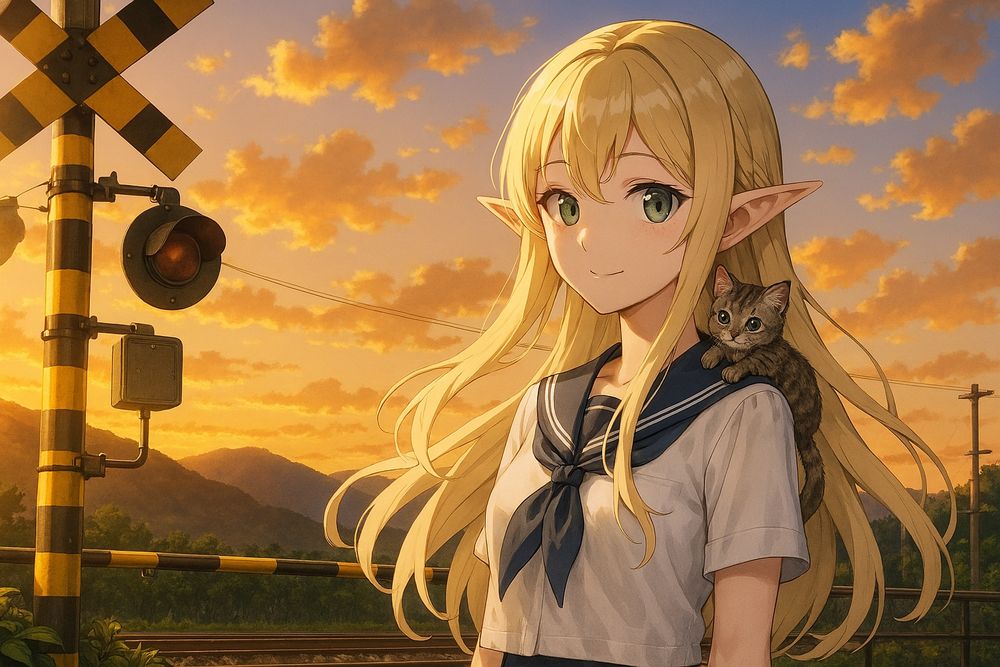 Copilot 高品質アニメイラスト(横長)。 夕日。踏切の向こうにいる色白の美少女エルフ。肩には子猫がしがみついている。