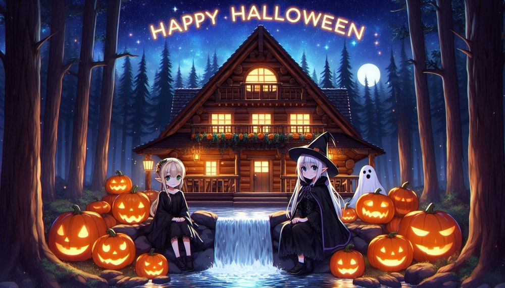 アニメイラスト。星空。森の中。滝の前にあるログハウスがハロウィンのジャック・オウ・ランタンで飾り付けられている。カボチャのランプ。骸骨。白いGhost。ランタン。魔女帽子を被り黒いローブとマントを着た色白の2人の女エルフ。「Happy Halloween」の文字を必ずイラストに含める必要がある。文字のフォントはsans-serif。