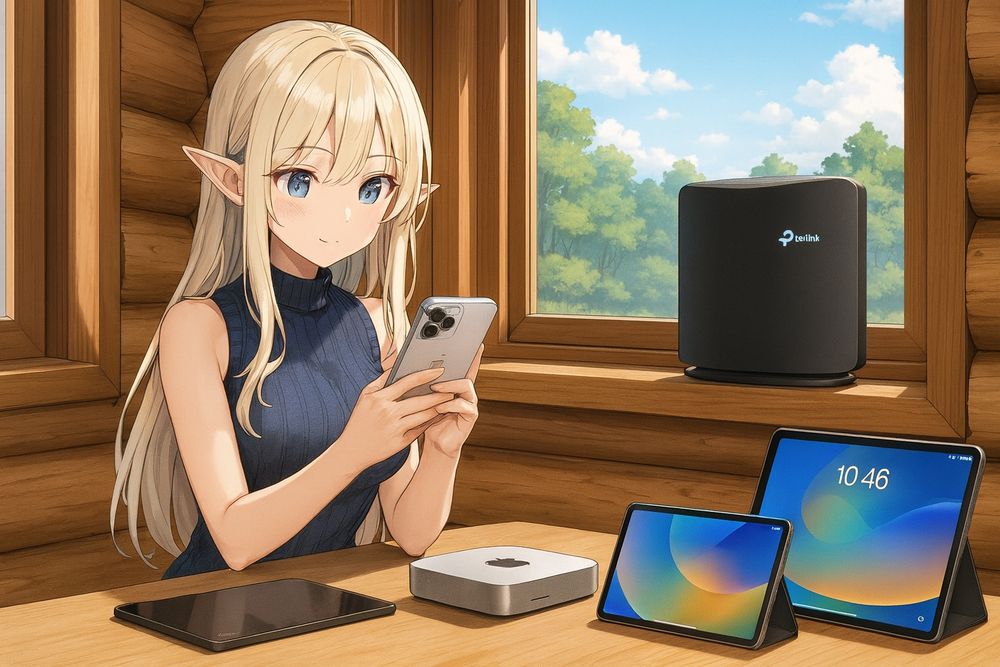 Copilot 高解像度の詳細な高品質アニメイラスト(横長)。 ログハウスの出窓にアンテナ内蔵の黒いルーターのTP-Link BE3600が置かれている。色白の美少女エルフがiPhone 16 Pro Maxを使っている。テーブルにはiPad Air 7と、iPad mini 7、Mac mini M4 Pro、Pixel Tabletが置かれている。