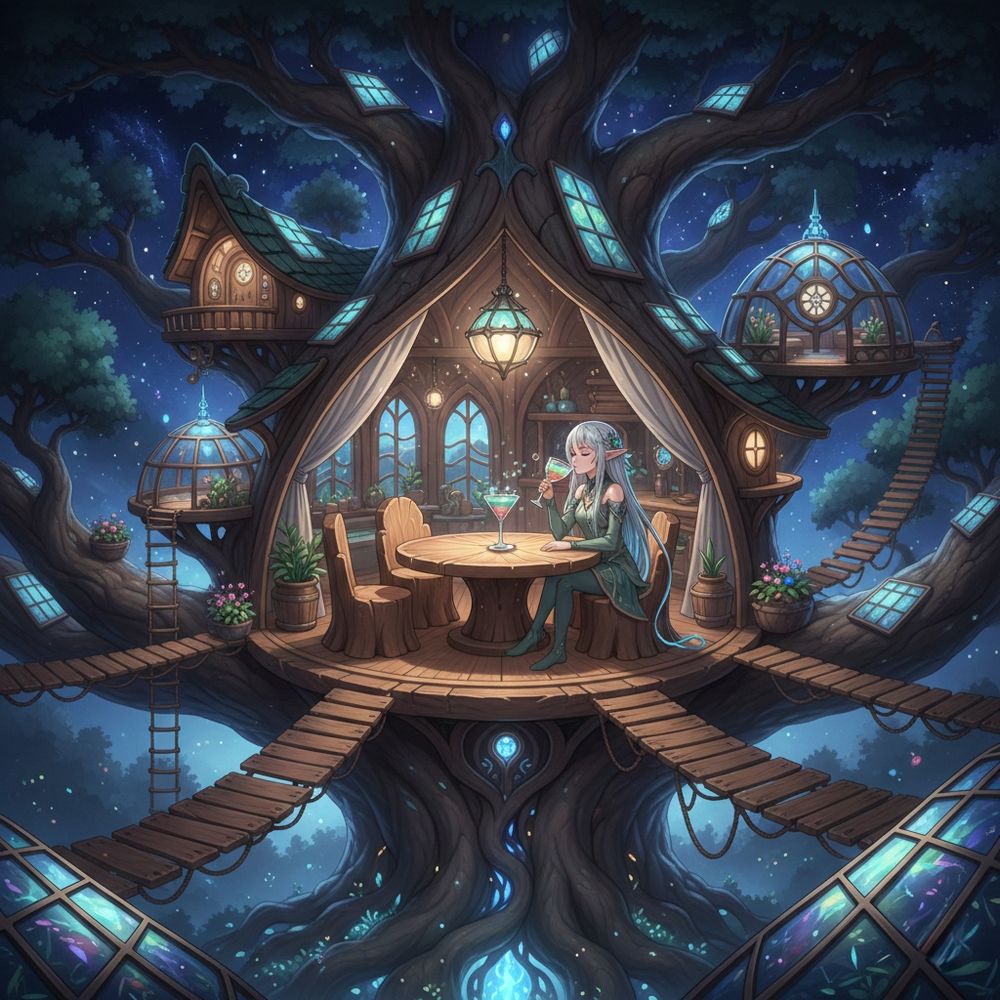 Gemini 高解像度の詳細な高品質アニメイラスト(横長)。星空。巨木ユグドラシルに作られた美少女エルフが住む大きくて広いツリーハウス。枝には太陽光発電パネル。大きいガラス窓から、リビングにある木製の円卓と切り株状の椅子が見える。ガラスのグラスで緑とピンクのグラデーションのカクテルを飲んでいる美少女エルフ。ツリーハウスの外からの視点。