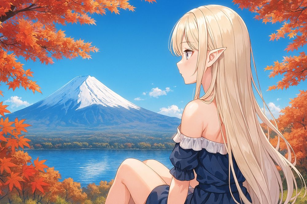 Copilot 高解像度の詳細な高品質アニメイラスト(横長)。青空。遠くに富士山。富士山を囲んで額縁に飾るかのように紅葉した木の枝がある。座り込んでいる色白の美少女エルフ。Over the shoulder.