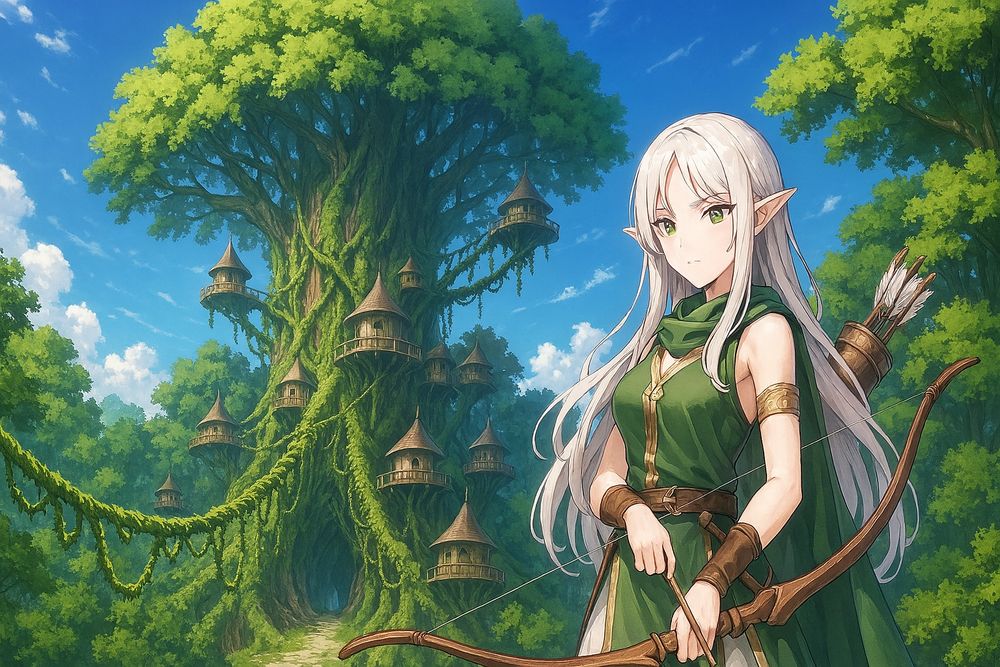 Copi 高解像度の高品質アニメイラスト(横長)。 青空。大森林の中にひときわ目立つ巨木ユグドラシル森林の木々にはエルフたちが住むツリーハウス。蔦が絡まっているツリーハウスは、蔦が吊り橋となって相互にツリーハウスを訪問できるようになっている。エルフの村の入口に立って警備をしている弓を持ち矢筒を背負う色白の美少女エルフ。