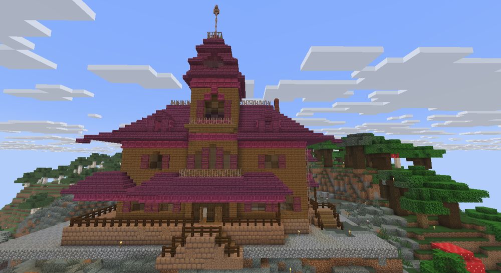 A crimson and spruce building in Minecraft that is in a Gothic haunted house style. 
