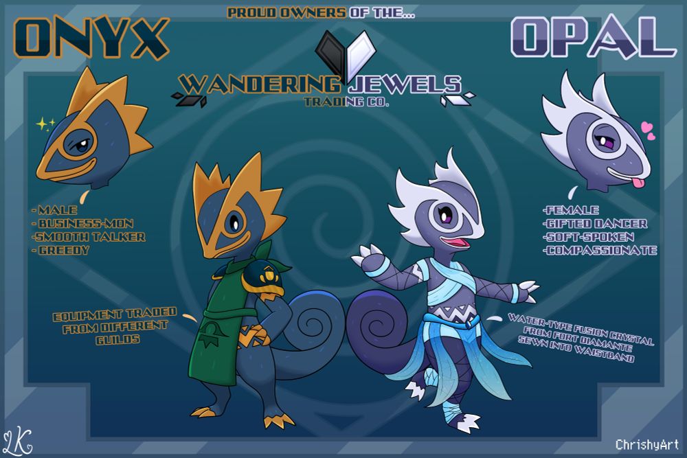 Ref sheet of 2 kecleon OCs, the left one is onyx and he's dark blue and yellow, the right one is Opal, shes purple and white 