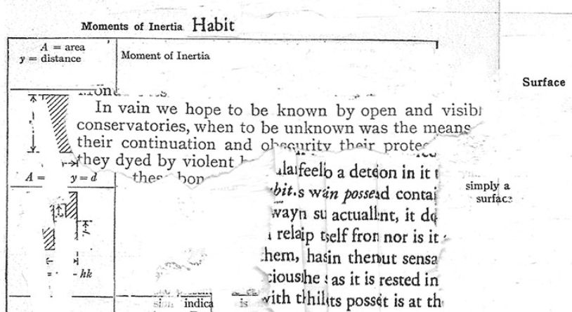 A collage of text that reads: 

"Moments of Inertia Habit

"A = area
"y = distance

"In vain we hope to be known by open and visible
conservatories, when to be unknown was the means
their  continuation and obscurity their prote"

The rest of the text cannot be transcribed; it buckles.