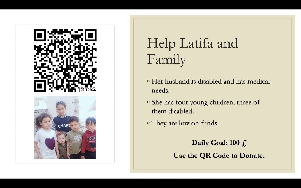 Campaign for Latifa. QR Code on the left. Details on the right. Link in reply.