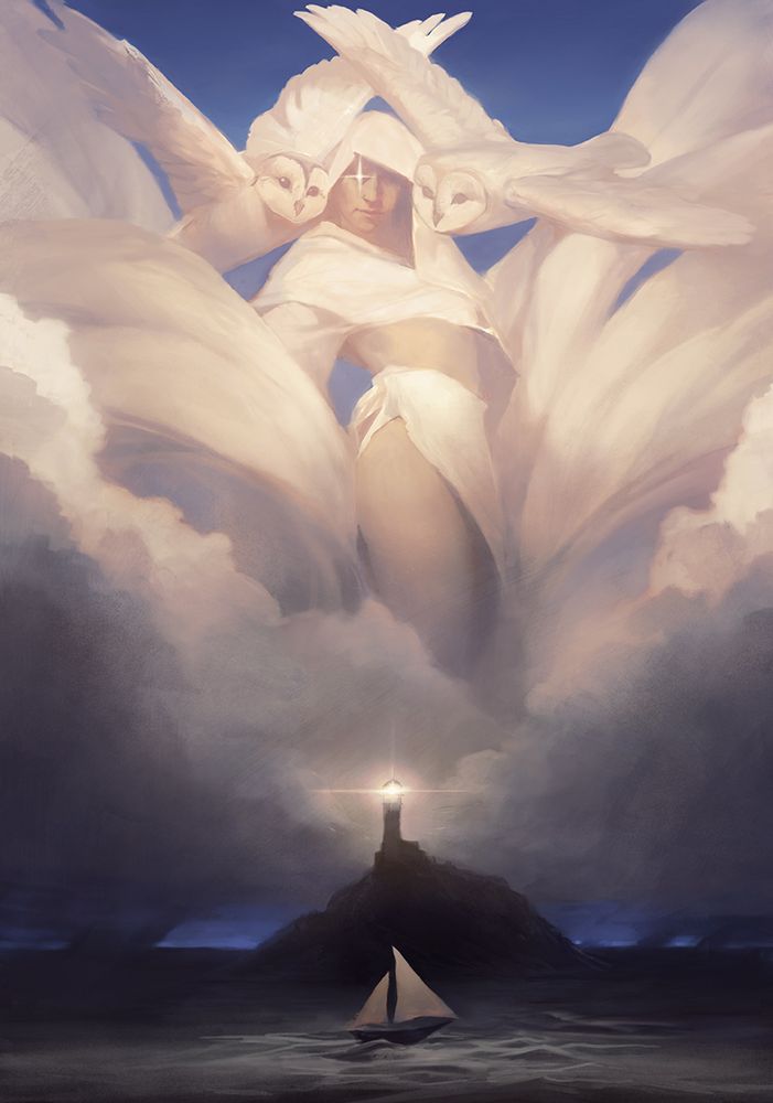 Clouds loom high over a distant lighthouse. A small sailboat passes in the foreground, and above a massive woman towers in the clouds, flanked by two owls. The woman is surrounded with pale drapery that mimics the color and shape of the clouds. She looks down upon the lighthouse and boat. 