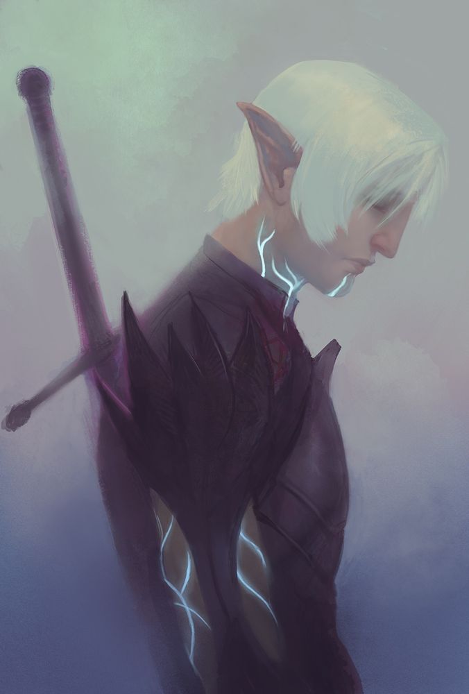 A portrait of the character Fenris from Dragon Age 2. He looks sad and pensive, and his lyrium markings are glowing blue. 
