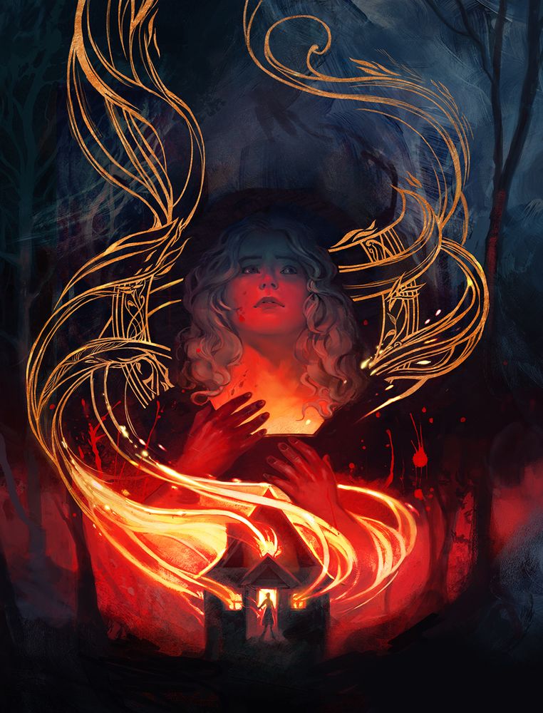 A young woman with curly hair is lit underneath by stylized flames. She holds up bloodied hands and looks pensively offscreen. Beneath her, a house is engulfed in flames; a woman is silhouetted in the doorway of the burning house. 