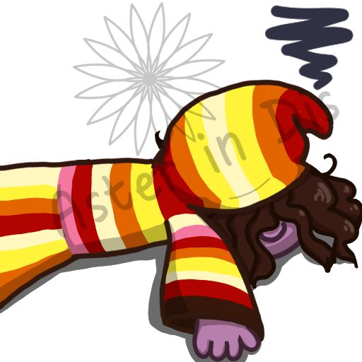 A purple skinned muppet in a colorful jacket lays face down on the ground. A fizzle of grey is above her head indicating being very done or frustrated.