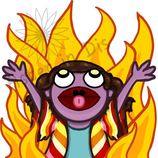A purple skinned muppet with brown hair raises her arms in the air. She is surrounded by cartoony flames. This is done in the style of the "hellmo" meme.