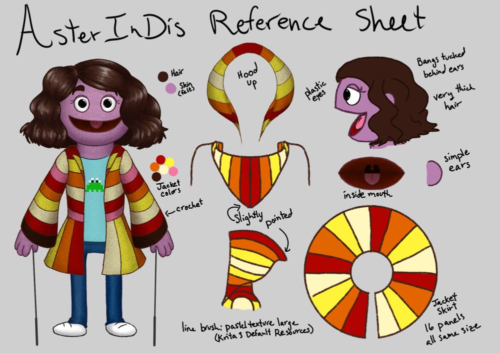 A reference sheet made for Aster's streaming avatar that looks like a muppet with purple skin and brown hair. It shows the front and side views of the head, multiple points about the jacket's construction, and helps illustrate the base colors of the jacket.