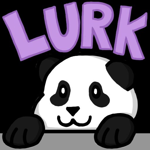A drawing of a panda. It shows his head and his paws up on a table. Over his head is the word "Lurk"
